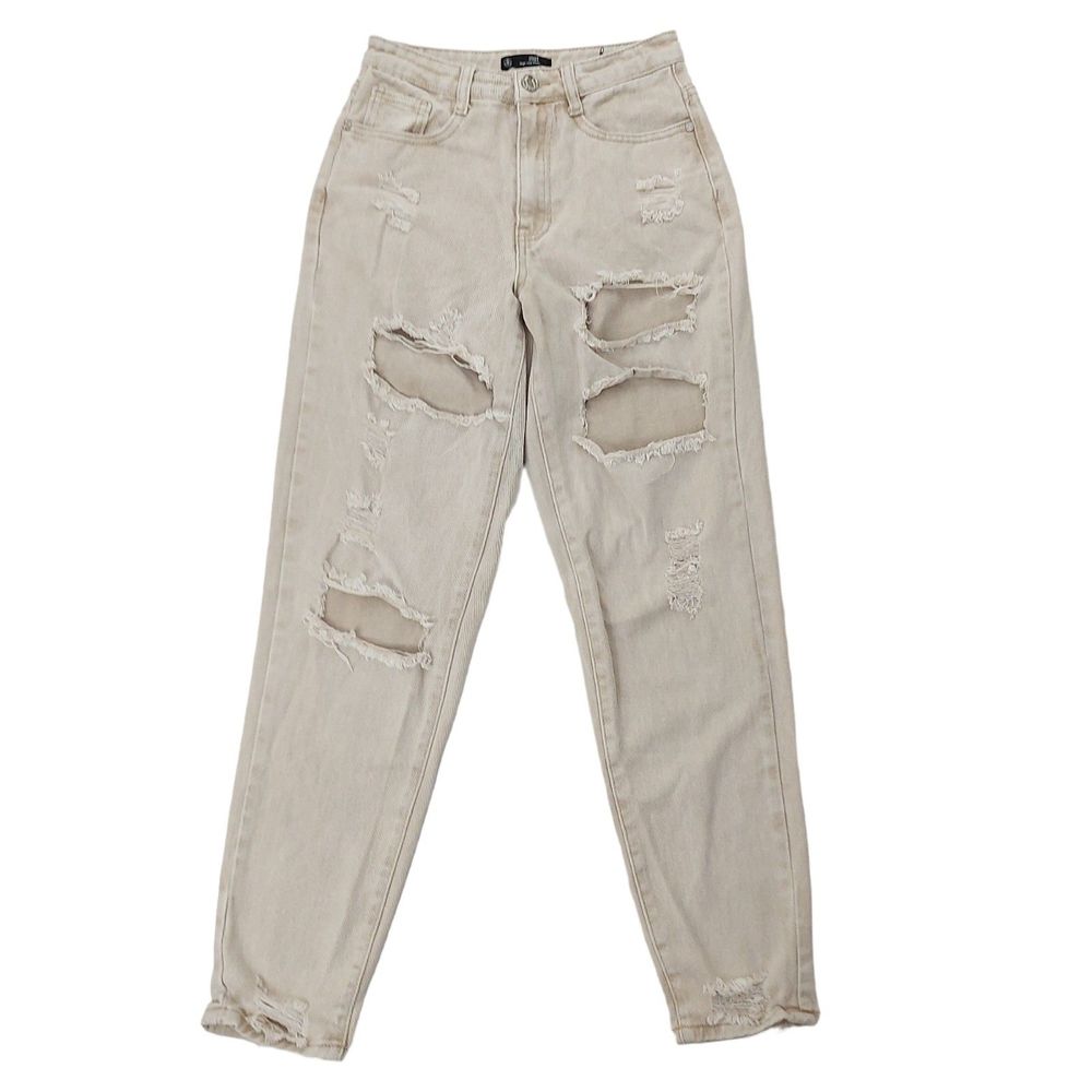 Missguided Riot Mom Jean Womens High Rise 0 Beige Tapered Distressed Cotton